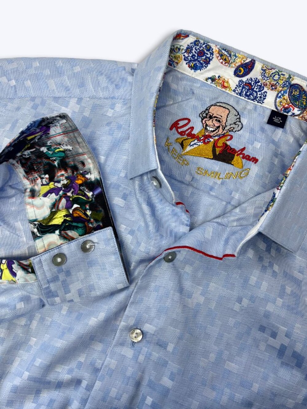 Robert Graham Men L Blue Pixel Geometric Flip Cuff Shirt Washington Keep Smiling